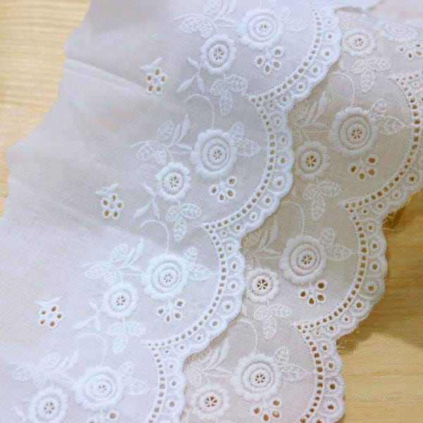 Scalloped Cotton Lace Trim: White Broderie Anglaise for Sewing & Crafts, 4 3/4" wide priced by the yard