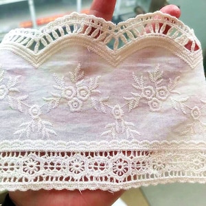 Scalloped Cotton Lace Trim: White Broderie Anglaise Sewing Embellishment, 4 inches wide, priced by the yard Beige