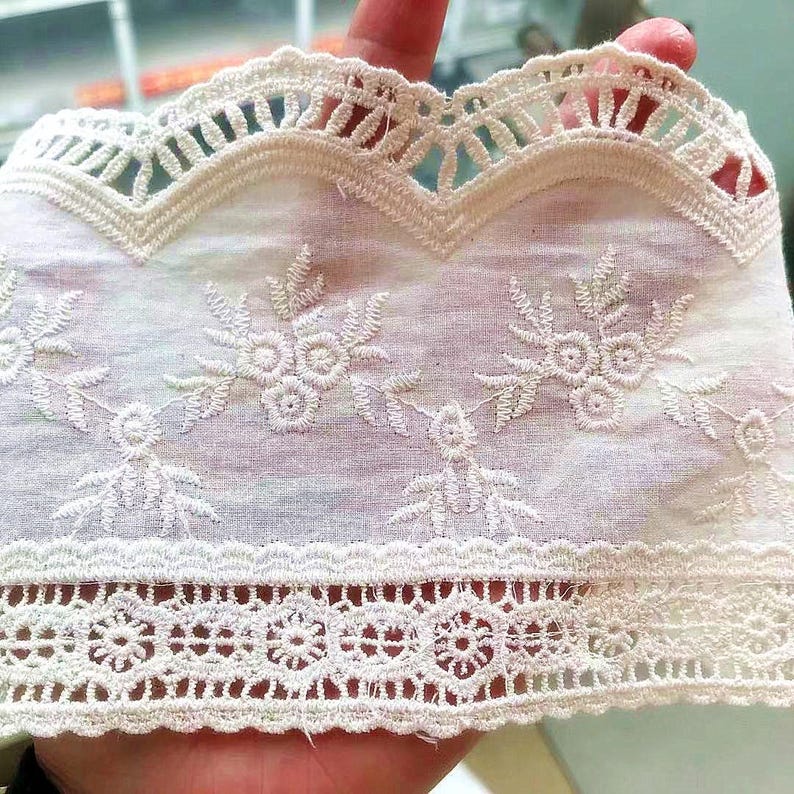 Scalloped Cotton Lace Trim: White Broderie Anglaise Sewing Embellishment, 4 inches wide, priced by the yard Beige