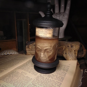 May include: A cylindrical glass jar with a black lid and base, containing a sculpted human face submerged in a brownish liquid. A rectangular label on the glass reads Homunculus Head, with additional text below, and a caution warning.