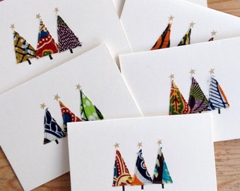 Homemade Christmas cards - unique designs, African print fabric.  Christmas Tree Design. Handmade.