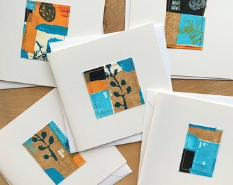 Handmade cards, greetings cards, birthday cards, note cards, blank cards. Hand printed. Recycled paper collage. Nature inspired eco cards