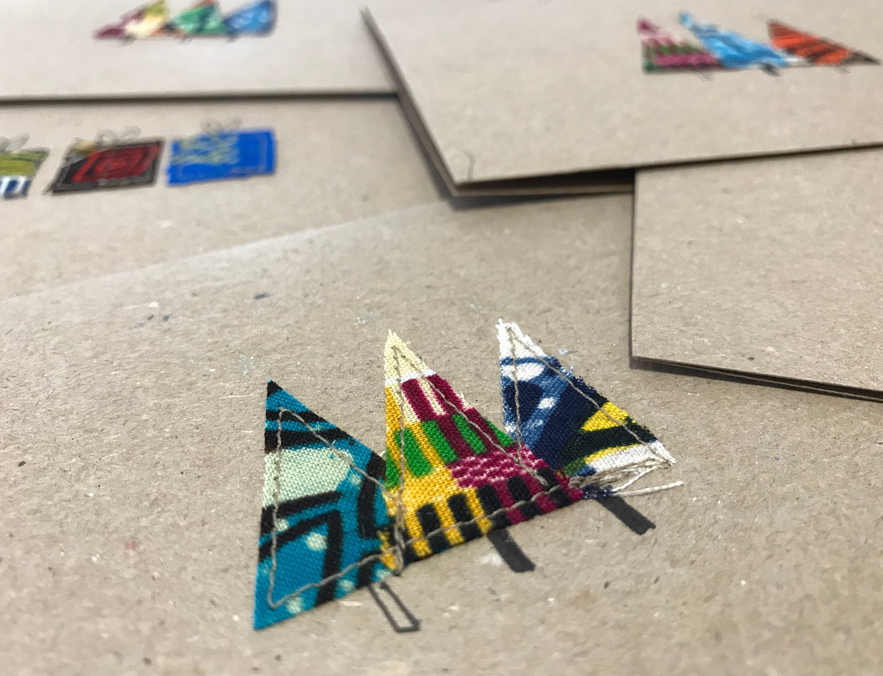 Homemade Christmas cards, standard size. African print fabric on recycled card, Christmas tree design.  Unique and handmade.