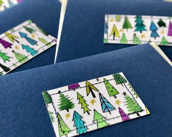 Handmade (x5) Christmas Cards. Small, Hand Painted Water Colour Christmas Tree Designs on Rich, Dark Blue Card.