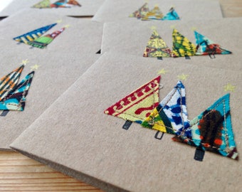 Hand made (5 x small) Christmas cards - unique design, handmade Christmas Tree, African print fabric, brown recycled card
