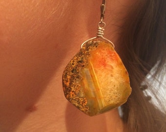 Large Orange Agate Sterling Silver Drop Earrings