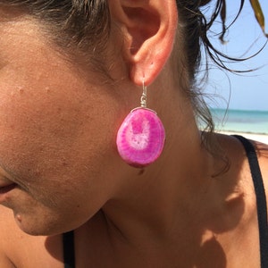 Große rosa Achat Tropfen Ohrringe, Sterling Silber Statement Ohrringe, helle bunte Edelstein Schmuck handgemachtes Geschenk für sie Spaß mutige Ohrringe