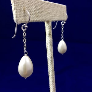 Large White Teardrop Freshwater Pearl Earrings, Sterling Silver Dangle Earrings, Handmade Classic Bridal Jewelry Gift for Her, Free Shipping