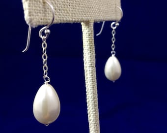 Large White Teardrop Fresh Water Pearl Sterling Silver Dangle Earrings