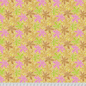 May include: A patterned fabric featuring a repeating design of stylized leaves in pink, green, and brown on a yellow backdrop. The leaves have a detailed, textured appearance. The fabric is likely cotton or a similar material, suitable for various craft projects.