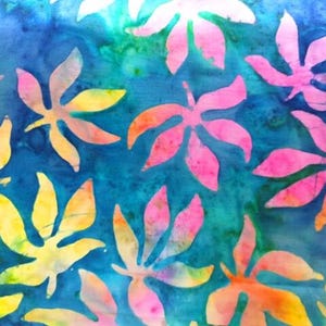 May include: A colourful textile design with stylized floral shapes in pink, yellow, and orange against a deep blue and teal background. The abstract pattern creates a vibrant and artistic visual.