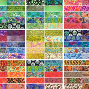 May include: A collection of rectangular fabric swatches arranged in a grid, featuring a diverse array of colourful patterns including floral, geometric, abstract, animal print, and botanical designs in various shades of red, blue, green, and yellow.