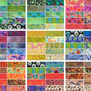 Könnte beinhalten: Eine Sammlung von Stoffmustern mit verschiedenen floralen und abstrakten Mustern. Die Muster zeigen eine Reihe von Farben, darunter Grün, Blau, Orange und Lila. Die Designs umfassen Blumen, Blätter und geometrische Formen und bieten eine vielfältige Auswahl an Textildesigns.