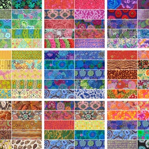 Pode incluir: Uma coleção de amostras de tecido retangulares dispostas em uma grade, apresentando uma gama diversificada de padrões coloridos, incluindo designs florais, geométricos, abstratos e botânicos em tons vibrantes de vermelho, azul, verde, amarelo e roxo.
