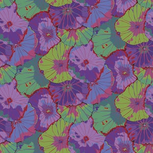May include: A seamless pattern of overlapping purple, green, and pink lotus leaves. The leaves are stylized and have a watercolor effect.