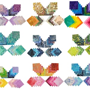 May include: A collection of nine distinct sets of square fabric swatches, each featuring a variety of batik patterns in diverse colour palettes including purple, yellow, orange, blue, green, pink, and red, arranged in organised stacks.