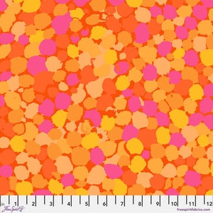 May include: A seamless fabric pattern with a bright orange background and a random pattern of pink, yellow, and orange circles.