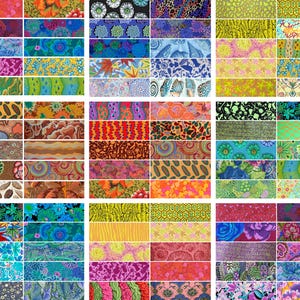 May include: A collection of rectangular fabric swatches arranged in a grid, featuring a diverse array of colourful patterns including floral, geometric, abstract, animal print, and botanical designs in various shades of red, blue, green, and yellow.