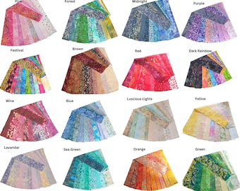 May include: A collection of sixteen fabric strip sets arranged in fan shapes, each labeled with color themes including Pink, Forest, Midnight, Purple, Festival, Brown, Red, Dark Rainbow, Wine, Blue, Luscious Lights, Yellow, Lavandar, Sea Green, Orange, and Green.