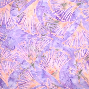 May include: Purple and pink batik fabric with a repeating pattern of stylized fan-shaped leaves.