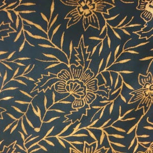 May include: A fabric featuring a dark navy blue background with a repeating pattern of golden yellow flowers and slender, pointed leaves. The floral design is rendered in thin, delicate lines that create a dense, continuous botanical motif.