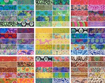 May include: A collection of rectangular fabric swatches featuring a diverse array of colorful patterns, including floral, geometric, abstract, and botanical designs in shades of red, blue, green, yellow, pink, orange, purple, black, and white.