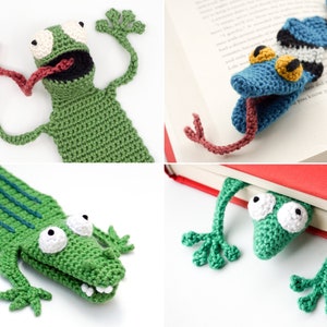 Puede incluir: Cuatro marcapáginas de animales de crochet. Una rana verde con una lengua larga, un cocodrilo verde con una sonrisa de dientes, una rana verde con ojos grandes y una serpiente azul con ojos amarillos.