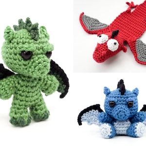 May include: Three crocheted dragon plushies. One is green with black wings, one is red with gray wings, and one is blue with light blue wings.