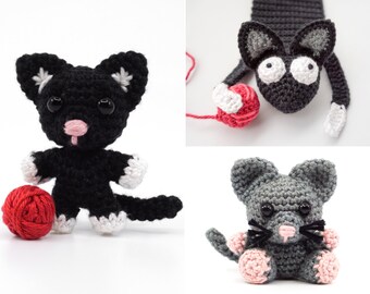 May include: A collection of three crocheted animal toys: a black cat with white accents and a red yarn ball, a gray cat with a red yarn ball, and a gray mouse with pink accents. The toys have large black eyes.