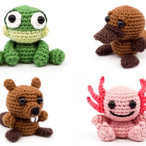 Könnte beinhalten: Vier gehäkelte Stofftiere: ein grüner Frosch, ein braunes Schnabeltier, ein brauner Biber und ein rosa Axolotl. Jedes Tier hat große, schwarze Augen und einen freundlichen Ausdruck.