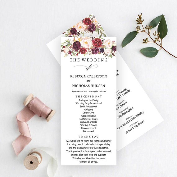Greenery Wedding Programs Template 4x8 Wedding Program Editable Wedding Program Printable Programs Instant Download Garden Greens