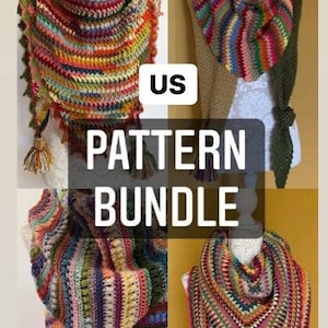 May include: A set of four crochet shawl patterns in a variety of colors, including red, orange, yellow, green, blue, purple, and brown. The patterns are called "US Pattern Bundle".