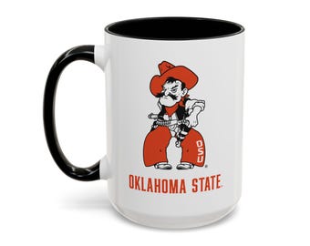 Taza Pistol Pete de Oklahoma State, taza de café de los Cowboys de OSU, taza con detalles en color