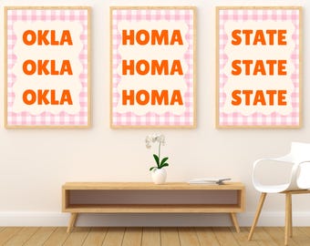 Juego de 3 láminas decorativas de cuadros vichy de la Universidad Estatal de Oklahoma, decoración para dormitorios, descarga digital.