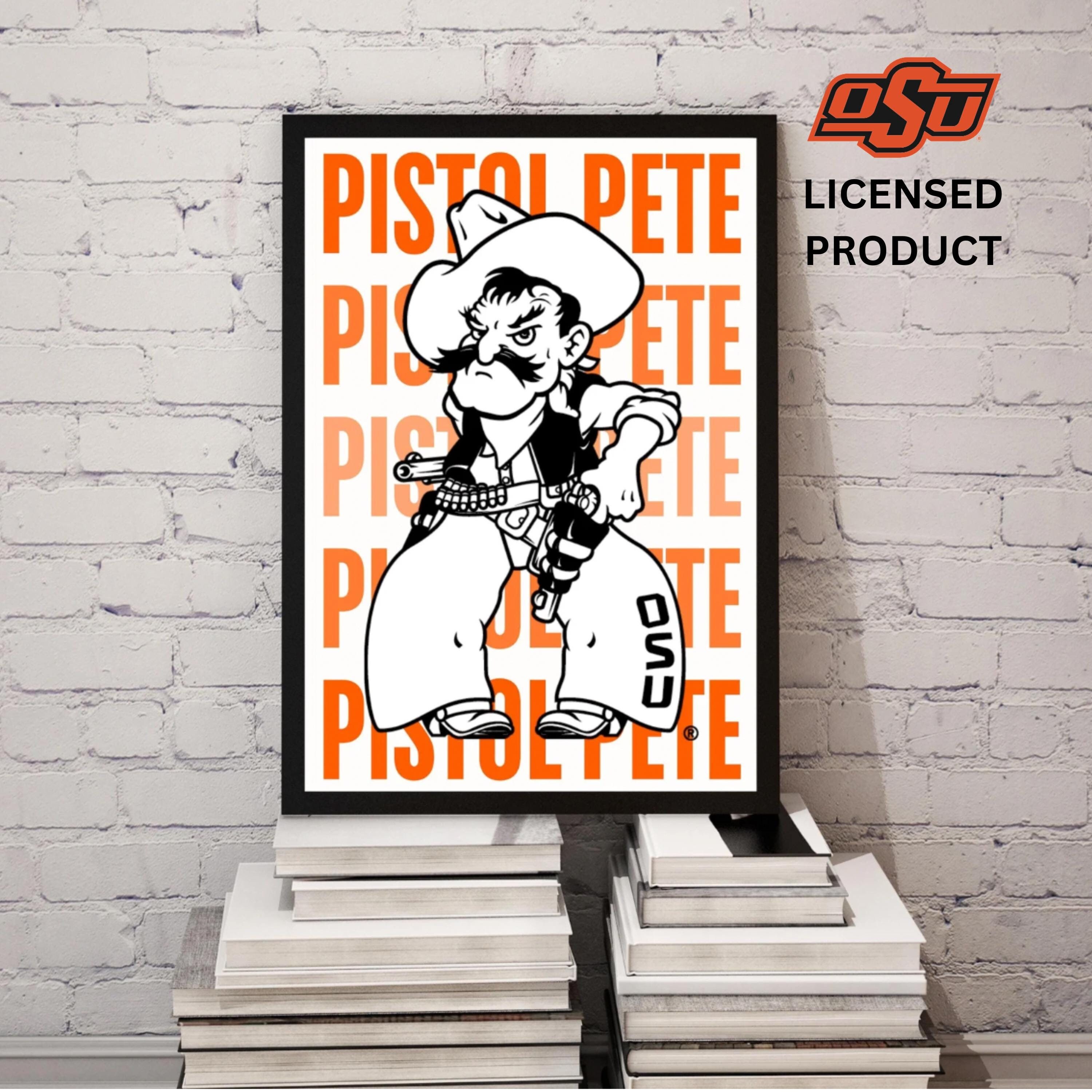Gradientowa sztuka ścienna z pistoletem Pete'em na Uniwersytecie Stanowym Oklahomy, Sztuka ścienna OSU, Cyfrowe obrazy OSU, Cyfrowa sztuka ścienna Oklahomy State, Sztuka z pistoletem Pete'em