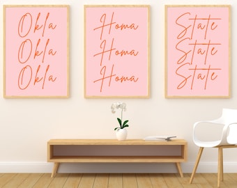 Juego de 3 láminas imprimibles de Oklahoma State, arte mural en cursiva rosa, descarga digital.