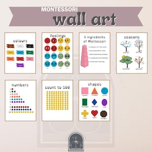 Montessori Regal Art Poster | Vorschule Frühes Lernen | 7er-Set | Gefühle Formen Farben Zahlen Zählen Jahreszeiten Klassenzimmer Zitat