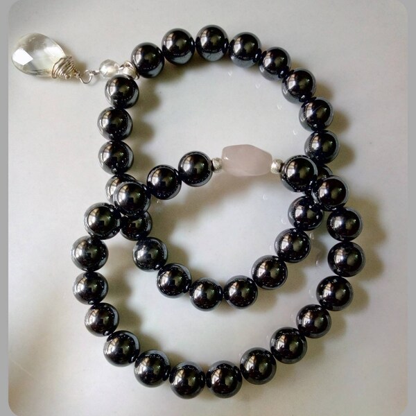 Haematite stretch bracelets with rose quartz and sterling silver
