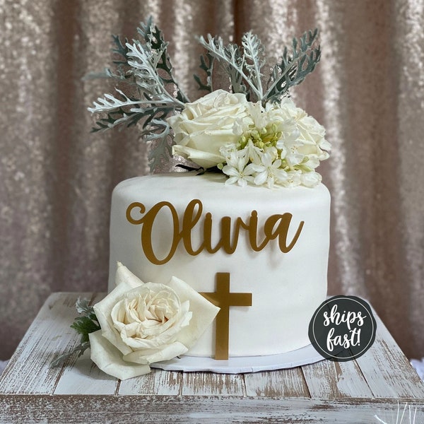 Personalized Baptism and Name Cake Plate | Baby Christening Cake Name Plaque | Cross Name Cake Plate | Child Christening Cake Decoration