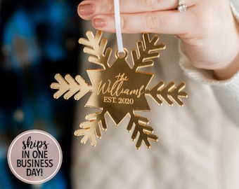 Personalized Family Name Snowflake Acrylic Ornament Engraved Family Name Ornament Personalized Engaged Ornament Our First Christmas Ornament