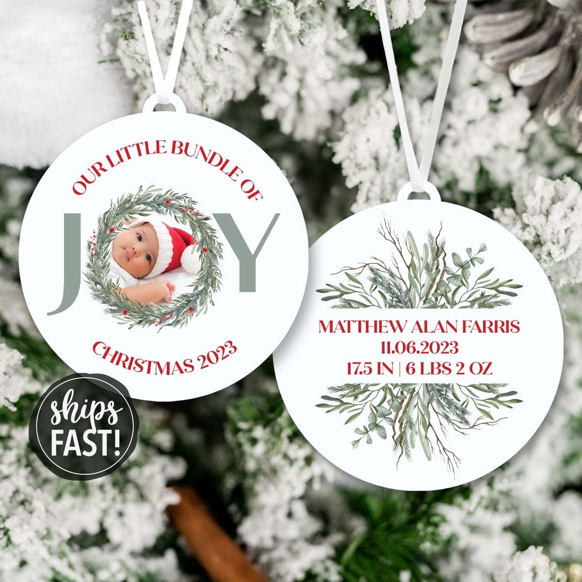 Bundle of Joy Baby Ornament | Baby's First Christmas Ornament New Mom Gift Baby Birth Stats Baby Photo Ornament for Grandparents