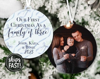 Personalized First Christmas as Family of Three Photo Ornament | Grandmillennial Baby's First Christmas Ornament Preppy Baby Ornament