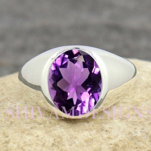 Amethist zegelring, heren zegelring amethist, sterlingzilveren ring, jubileumringen voor mannen, trouwring heren, pinkring, bandring