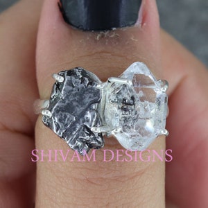 Natural Herkimer Diamond Ring, Meteorite Raw Stone Ring, Authentic Ring, Meteorite 925 Silver Ring, Meteorite Rough Ring, Two Stone Ring