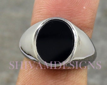 Anillo de ónix negro natural, anillo de sello para hombre de plata, anillos de banda de declaración para hombres, anillo de boda para hombres, anillo de banda de regalo de anillo meñique, regalo para ella