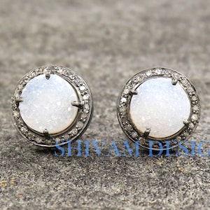 Genuine Diamond Earrings, White Druzy Earrings, 925 Silver Earrings, Pave Diamond Stud Earrings, Engagement Post Earrings, Vintage Jewelry