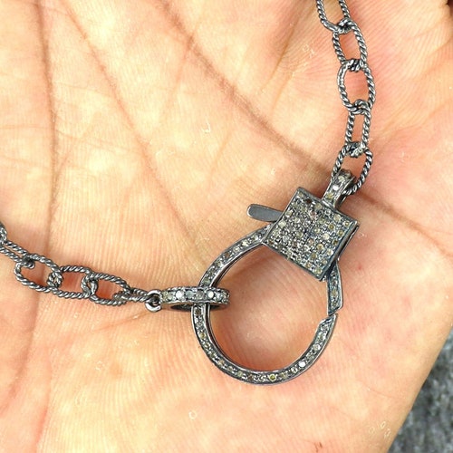 Genuine Pave Diamond Lobster Clasp Necklace Oxidized Silver Etsy