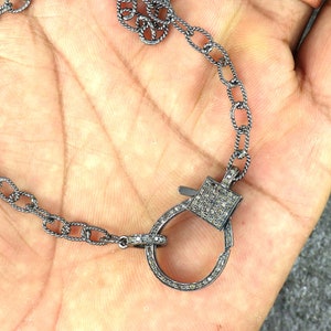 Genuine Pave Diamond Lobster Clasp Necklace, Solid 925 Silver Carabiner Lock Necklace, Pave Diamond Lobster Clasp, Adjustable Clasp Necklace