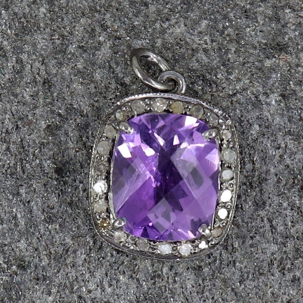 Pendentif améthyste, pendentif diamants véritables pavés, collier diamants pavés, pendentif en argent sterling 925, bijoux vintage, collier améthyste violette