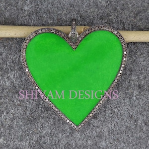 Pave Diamond Green Enamel Heart Pendant, Wedding Gift, Enamel Necklace, 925 Sterling Silver Pendant, Real Diamond Heart Pendant Necklace